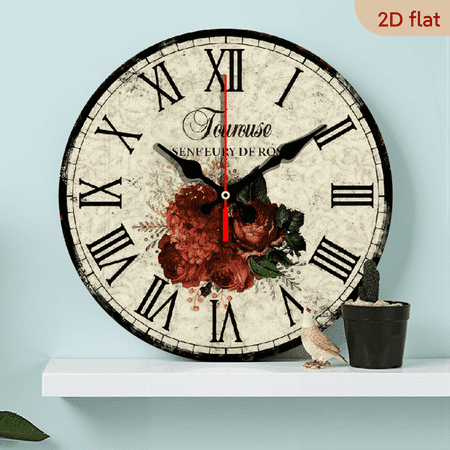 Toulouse Senteurs De Rose Spring Botanical MDF Wood 10in Round Wall Clock, Silent Non-Ticking Battery Operated, Shabby Chic Farmhouse Decor for Living Room