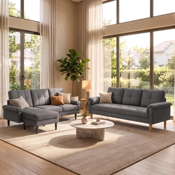 2 Pieces Living Room Sofa Set, Gizoon 3-Seater Sofa & L-Shaped Sectional Sofa Set, Modern Upholstered Living Room Furniture for Apartment, Dark Gray