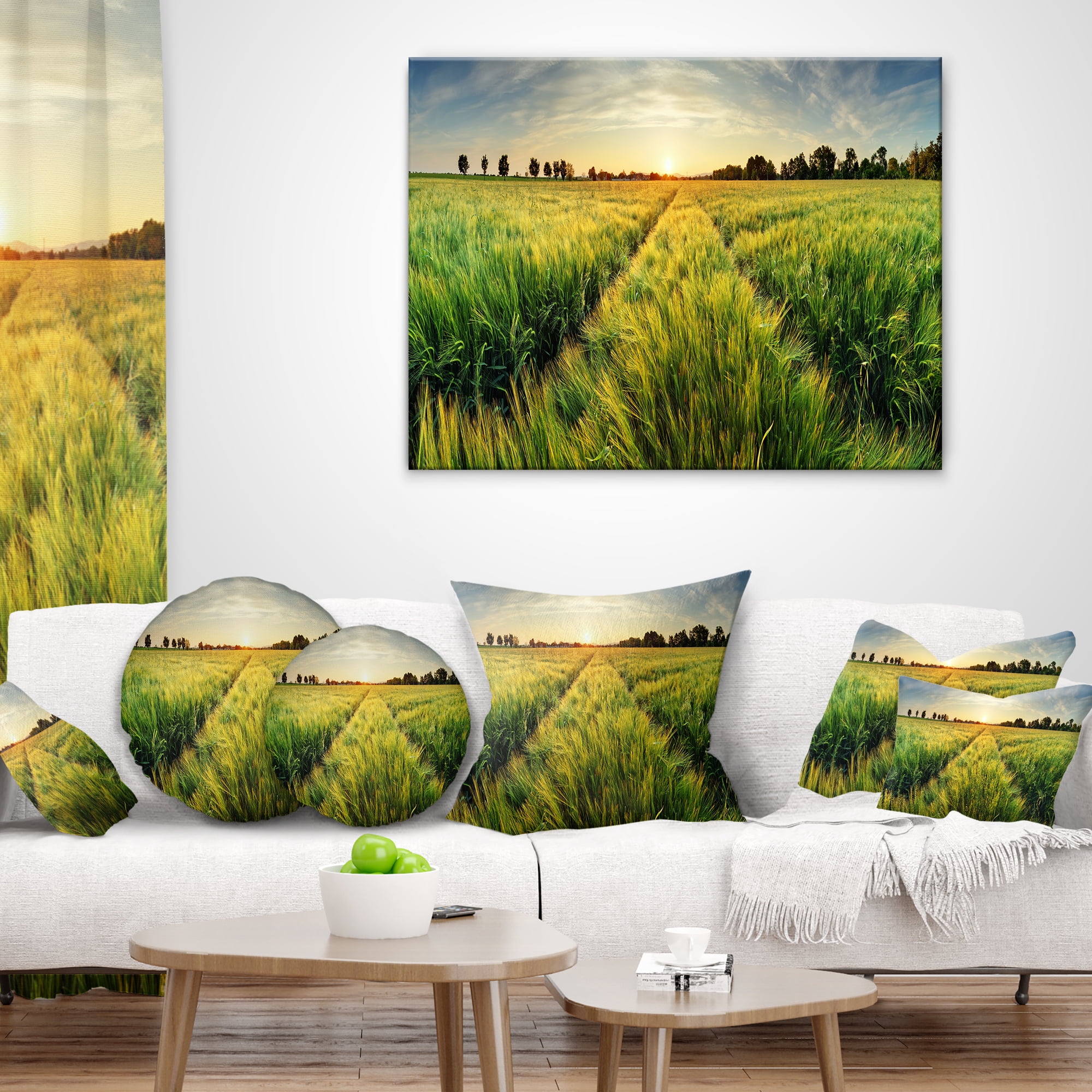 Designart Green Wheat Field at Sunset - Landscape Photography Throw Pillow - 12x20