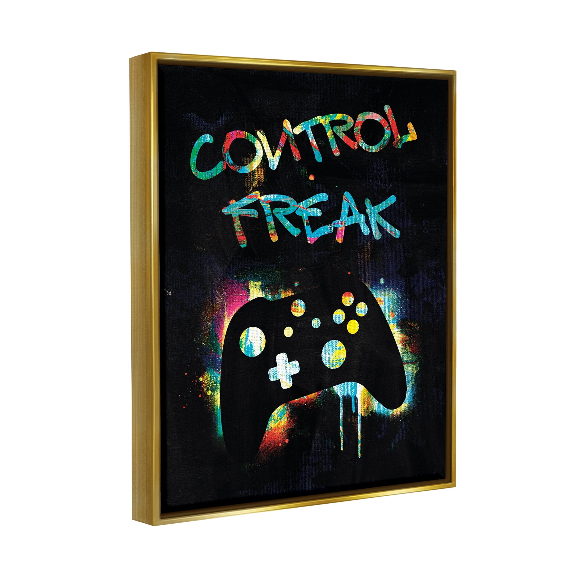 Stupell Industries Control Freak Game Controller Graffiti Street Style Graphic Art Metallic Gold Floating Framed Canvas Print Wall Art, Design by Victoria Barnes