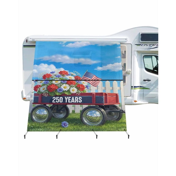 4th of July RV Awning Sun Shade Screen 9'X7' 250th Anniversary USA Flag Mesh Sunscreen Poppy Flower Truck Awning Shade Screen with Zipper UV Blocker Completed Kits for RV Motorhome Camper