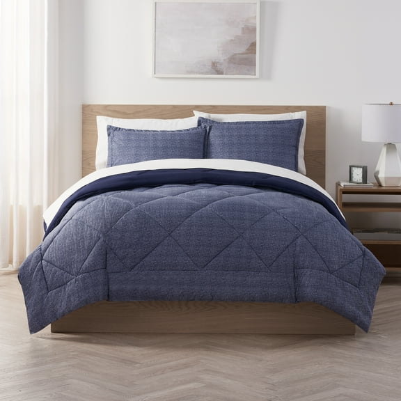 Serta Supersoft Navy Solid Reverse to Print Comforter Set, King (3-Piece)