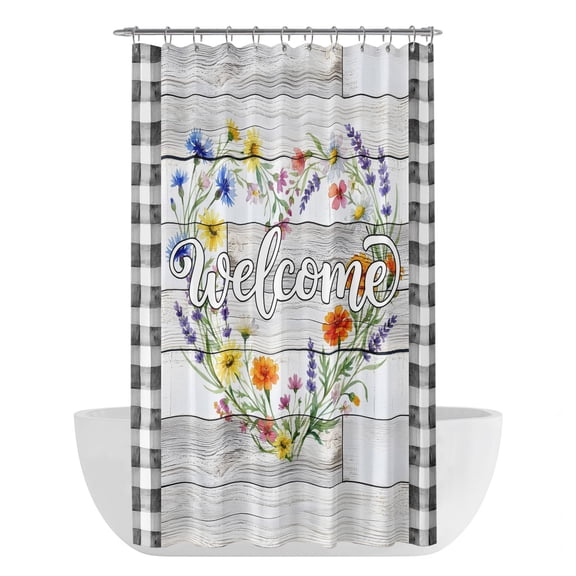 Heart Floral Wreath Shower Curtain - Water Repellent Fabric Shower Curtains Washable, Country Vintage Flowers Wooden Plaid Decorative Polyester Cloth Bathroom Curtains Modern Bath Decor 36"x72"
