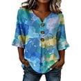 thumbnail image 2 of Women's Art Print Blouse V Neck 3/4 Sleeve Button Decor Loose Fit Top for Summer Retro Shirt, 2 of 4