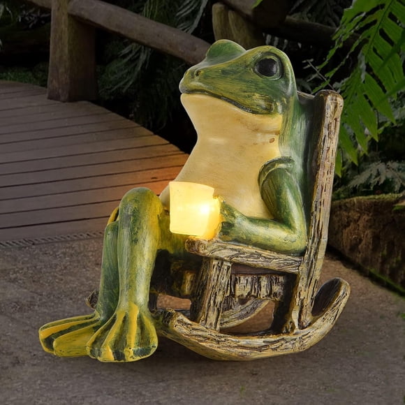 Estatua de jardín FOXMIS en miniatura con forma de rana, luces solares de resina de 10 cm