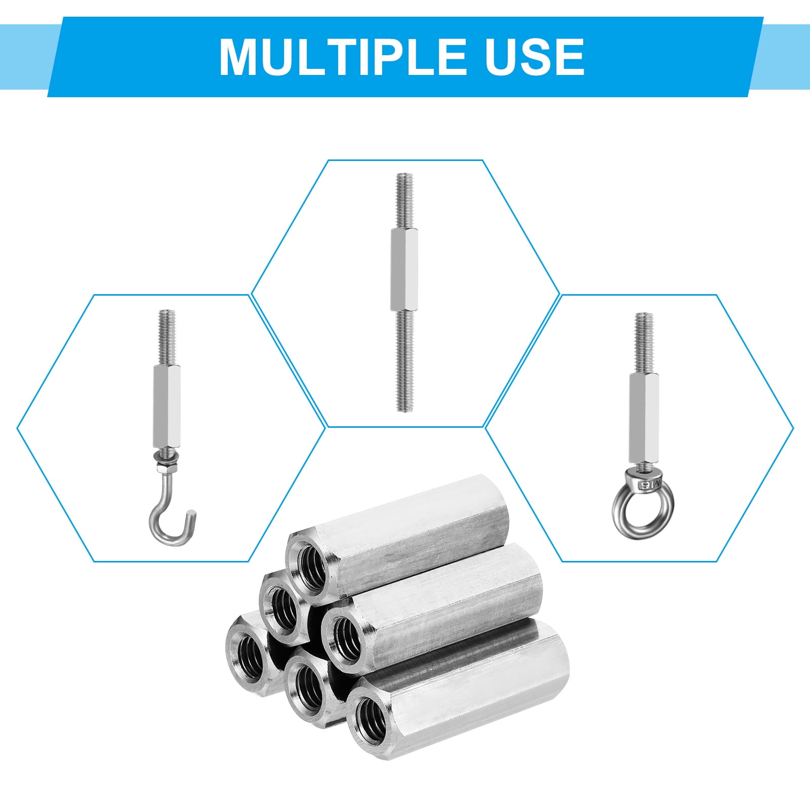 Uxcell 3/8"-16 UNC 304 Stainless Steel Hex Coupling Nuts, 10Pcs 1.4" Length Fully Threaded Rod Coupling Nut Studding Connector Fasteners, Silver Tone