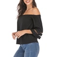 thumbnail image 4 of 3/4 Bell Sleeve Tops for Women Summer Off Shoulder Mesh Panel Blouse Casual Shirts, 4 of 6