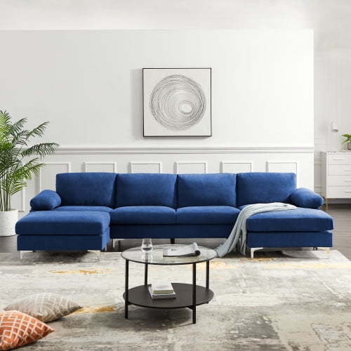 Sectional U Shape Sofa Couch Soft Linen Fabric Sleeper Bed Modern Upholstered Chaise Lounge Wide With Pillow Top Armetal Feet For Home And Office Navy Com Sectional U Shape Sofa Couch Soft Linen, Soft Linen Sleeper Sofa