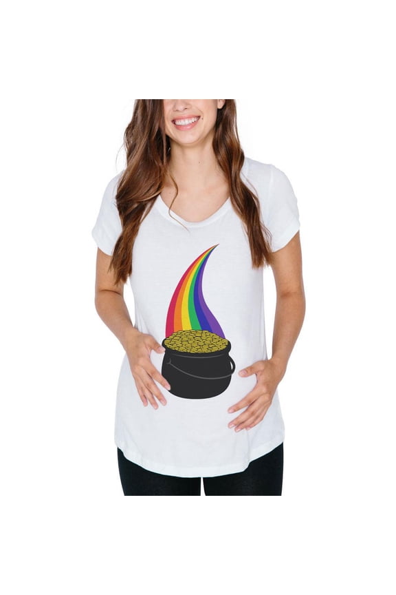 Halloween Pot of Gold Rainbow Costume Pregnant Maternity Soft T Shirt White 2XL
