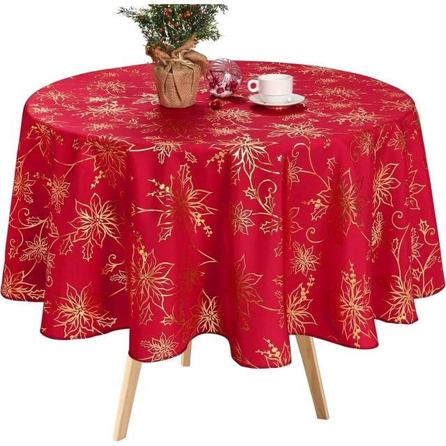 Nappe de Noël, Nappe de Noël Poinsettia pour l'Hiver, Nappes de Noël Rouges, Nappe Décorative de Noël pour Table, Cuisine, Salle à Manger, Vacances, Ronde de 60 Pouces