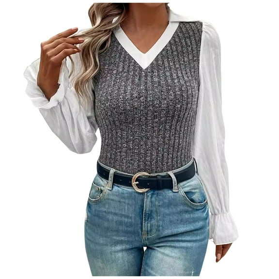 XuJwPNcy Women's 2 in 1 Sweater Shirts Collared V Neck Long Bell Sleeve Basic Tees Knitted Pullover Blouse Tops