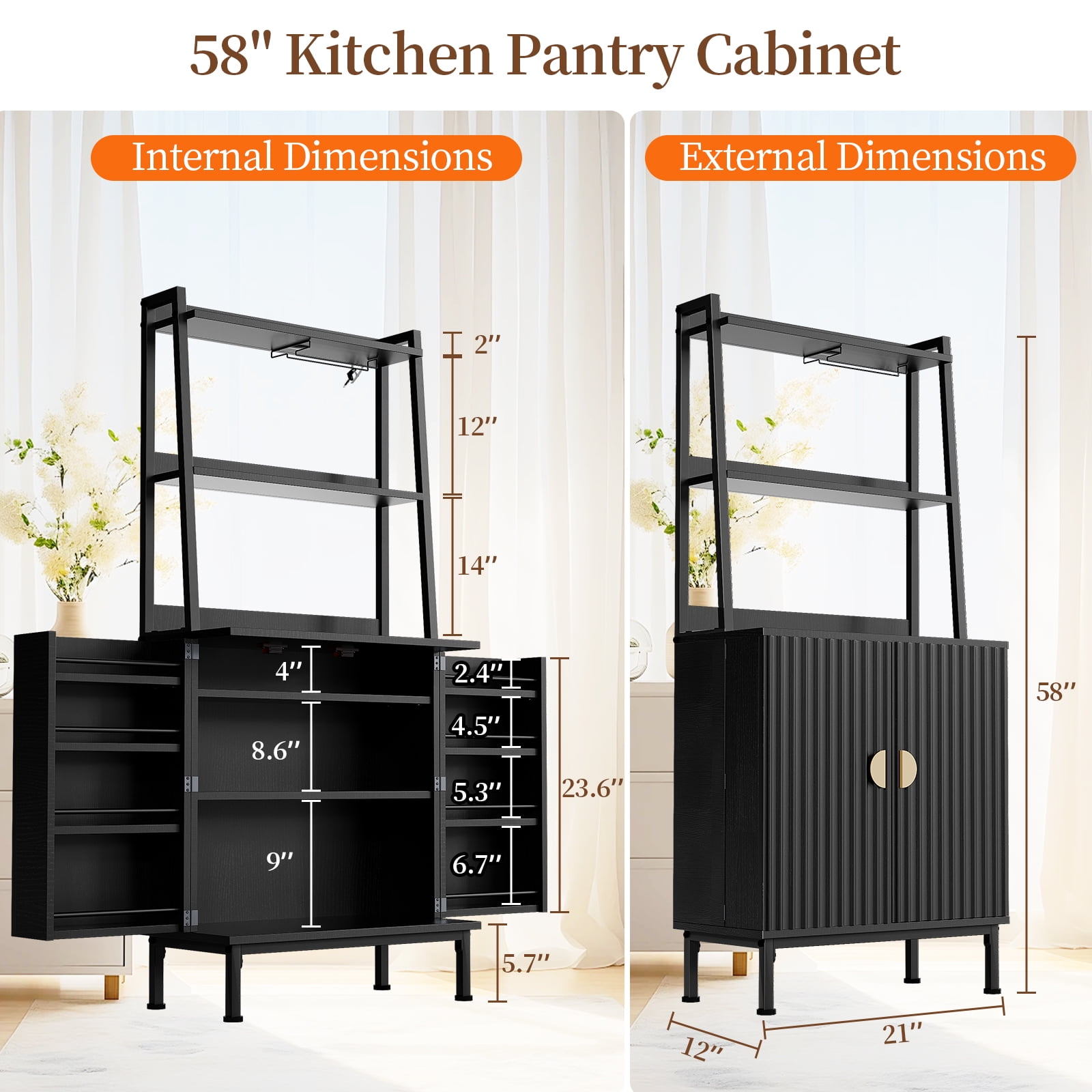 Casendy Kitchen Pantry with Microwave Stand and Storage Shelves, Farmhouse Kitchen Cupboard with Adjustable Shelves, Kitchen Buffet Cabinet with Door for Dining Room, Black