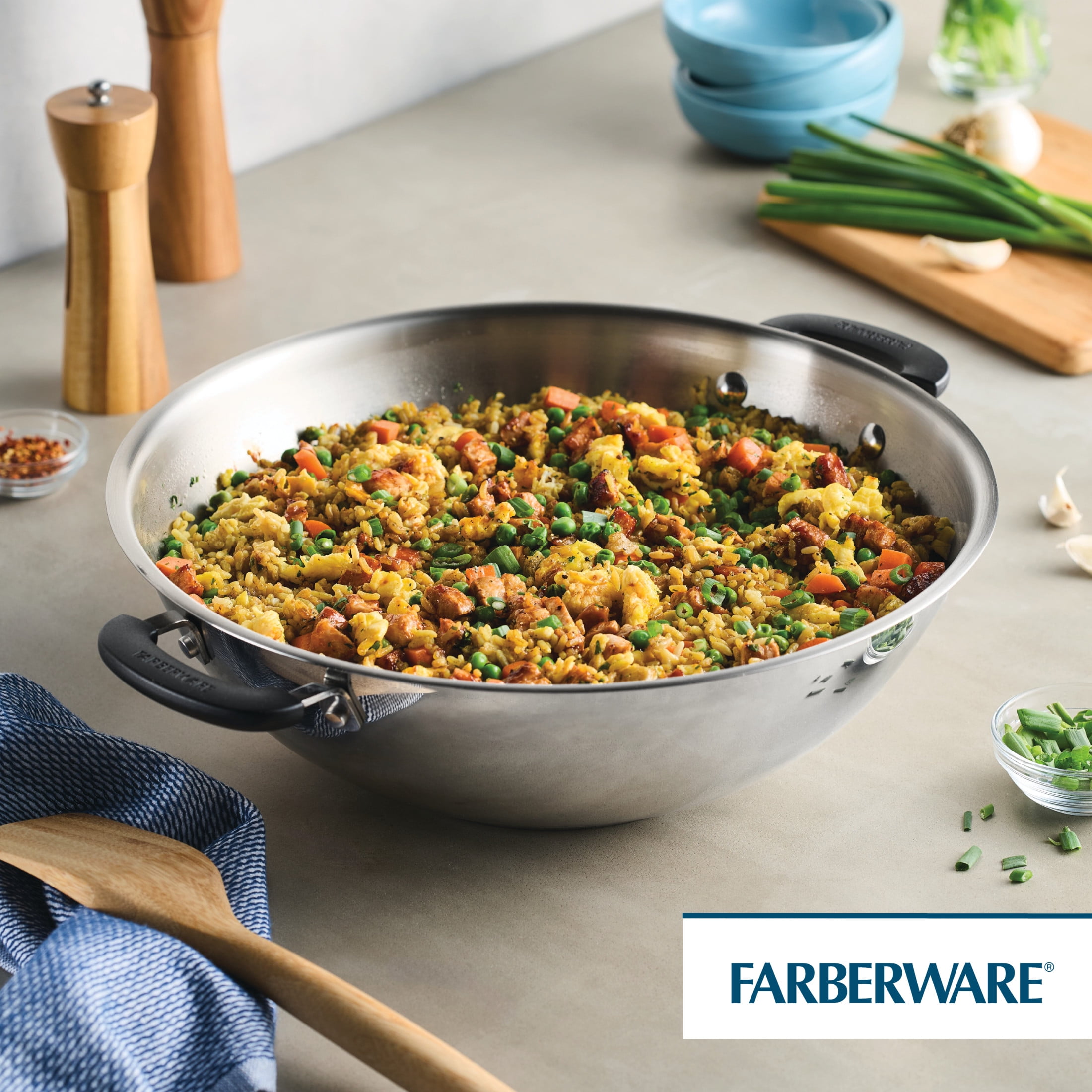 Farberware Brilliance 14 Inch Wok Induction Compatible, Metal Utensil and Dishwasher Safe, Stainless Steel