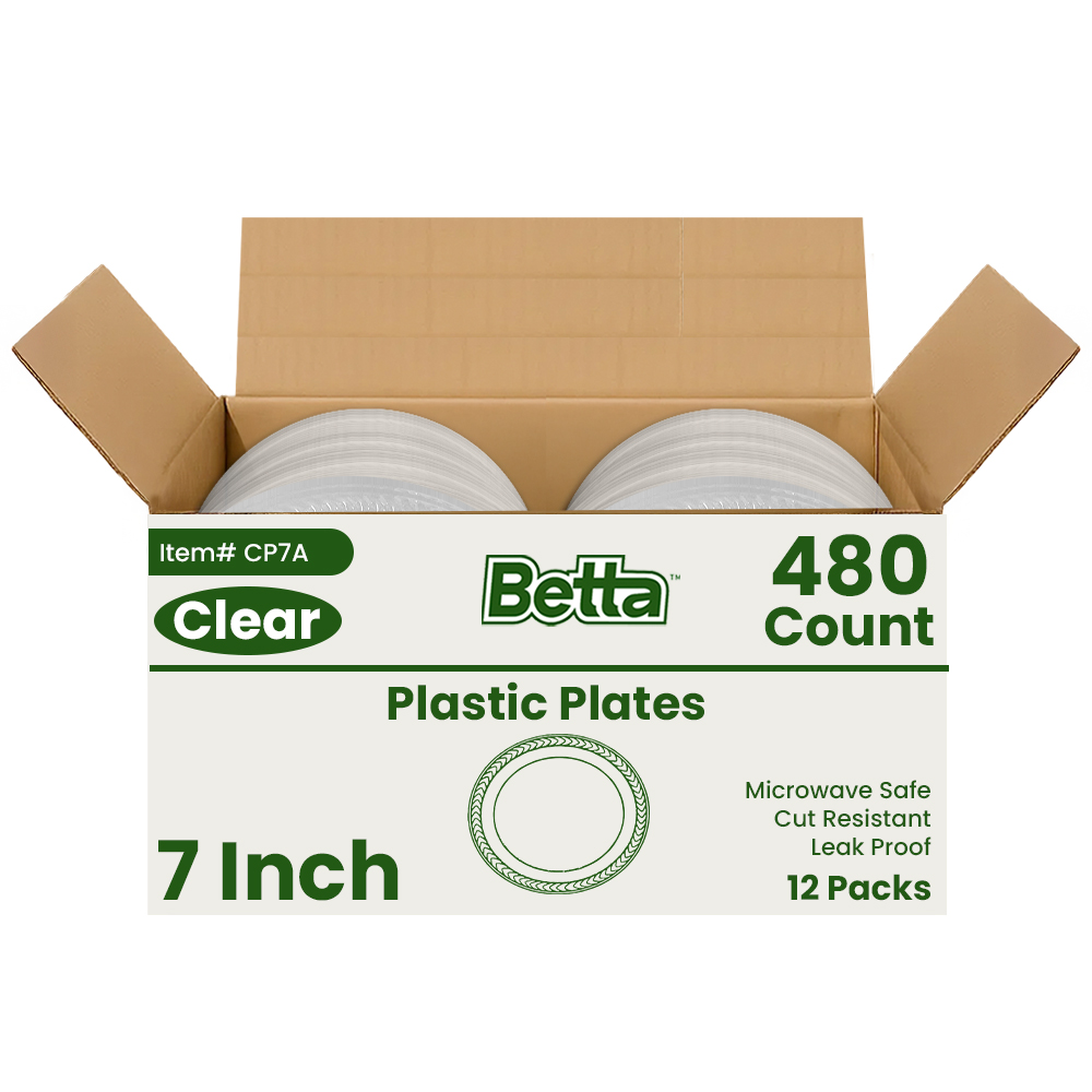 Betta 7-Inch Disposable Plastic Dessert Plates, Clear, 480 Count, Bulk Case, Microwave Safe (12 Pack Per Box x40)