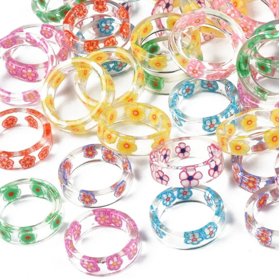 100pcs Transparent Resin Flower Finger Ring for Women Mixed color Size 6~7 3/4(16.5~17.9mm)