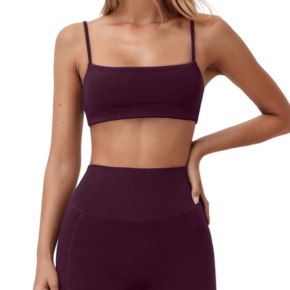 Wdgfv Womens Adjustable Spaghetti Straps Sports Bra Square Neck Wireless Padded Workout Yoga Crop Tops Brown M