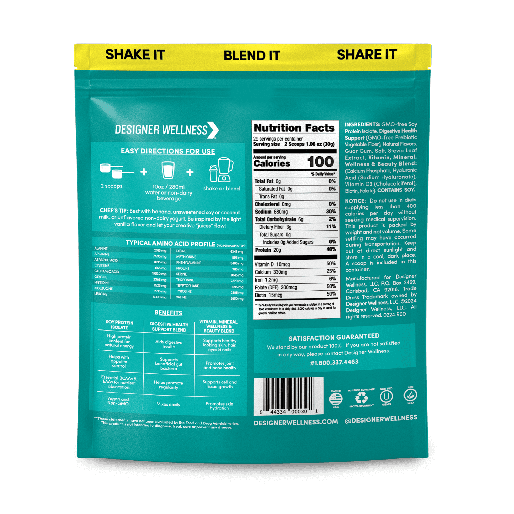 Designer Wellness, Soy Isolate Protein Powder with Biotin, Hyaluronic Acid and Prebiotics, Vegan, Zero Sugar, Angel Cake Natural Vanilla Flavor, 1.87 lb