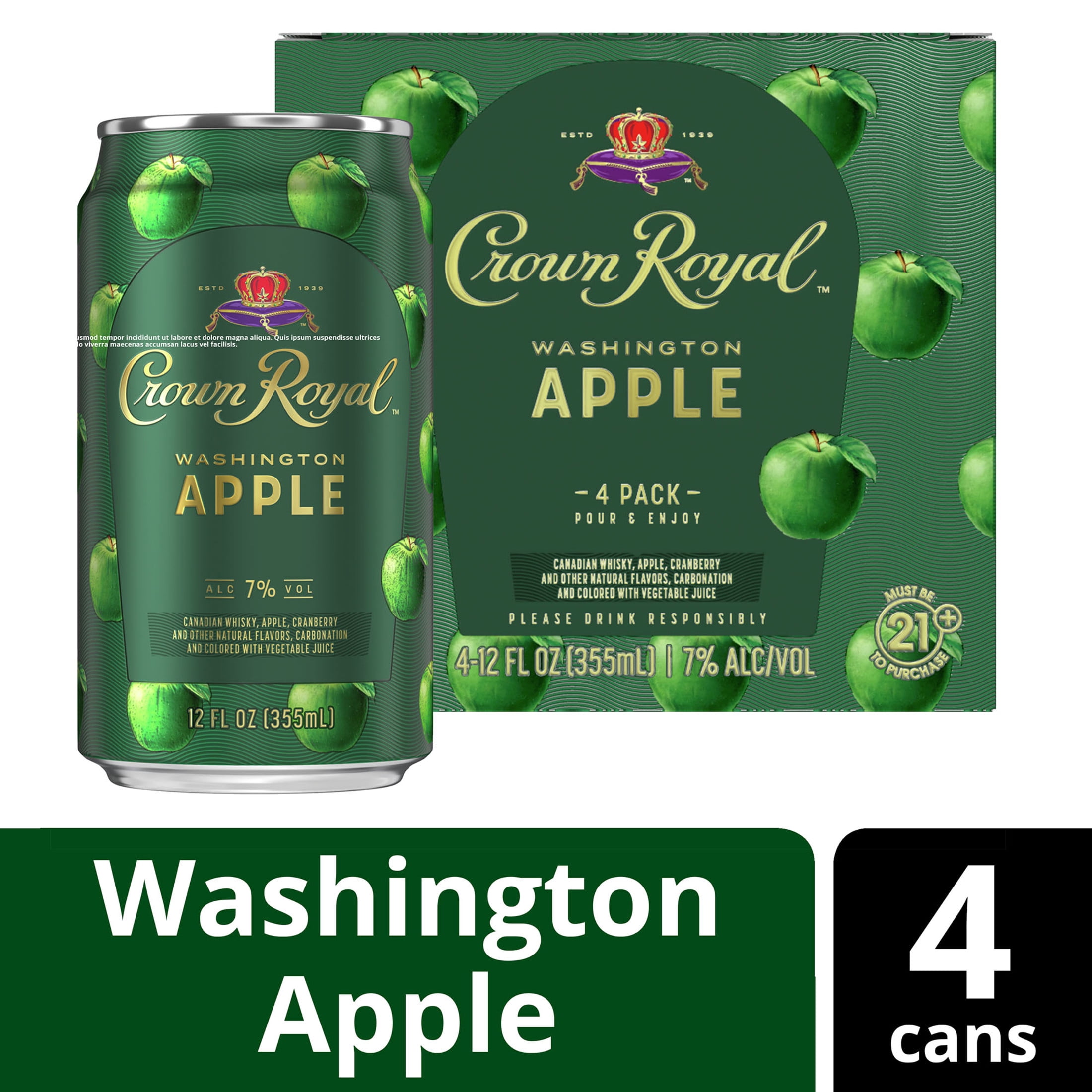 Crown Royal Washington Apple Canadian Whisky Cocktail, 4-PACK (4 x 12 fl oz), 7% ABV