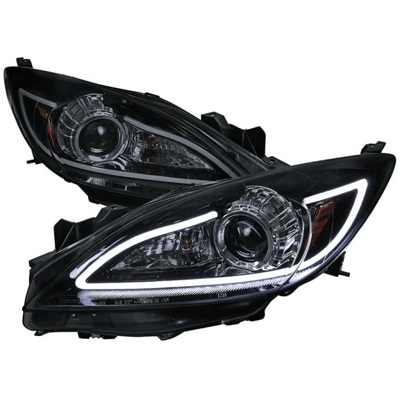 Projector Headlights w/ LED Light Strip (Black Housing/Smoke Lens) Made for and Compatible with 2010-2013 Mazda 3