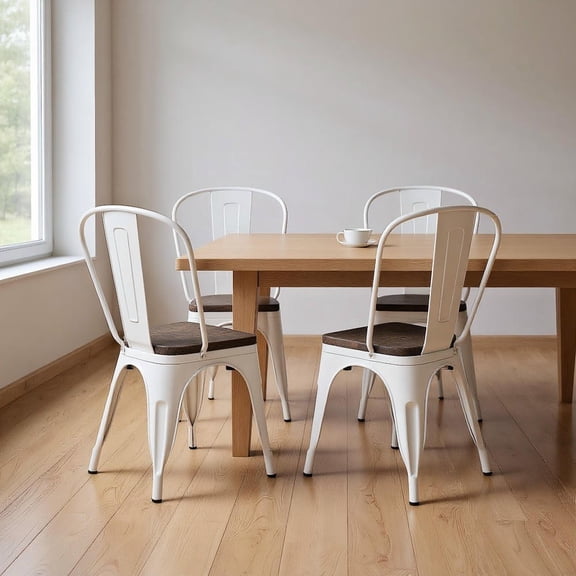 Resenkos Set of 4 Stackable Metal Dining Chairs with Wood Seat and Detachable Backrest, White and Brown