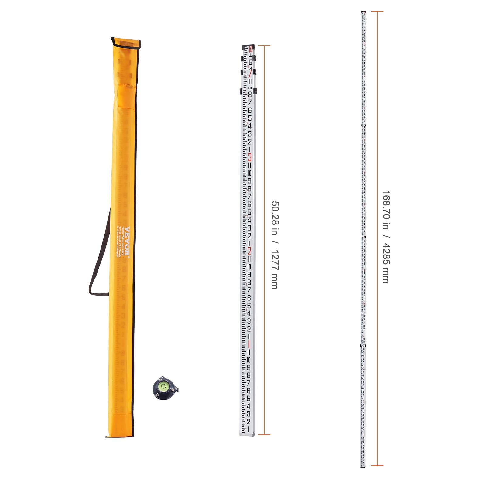 VEVOR Aluminum Grade Rod,14-Feet/8ths 4 Sections Telescopic Measuring Rod,Double-Sided Scale 1/8in Leveling Rod Stick,Aluminum Alloy Survey Rod w/ Bubble Level &Carrying Bag for Houses,Walls,Floors