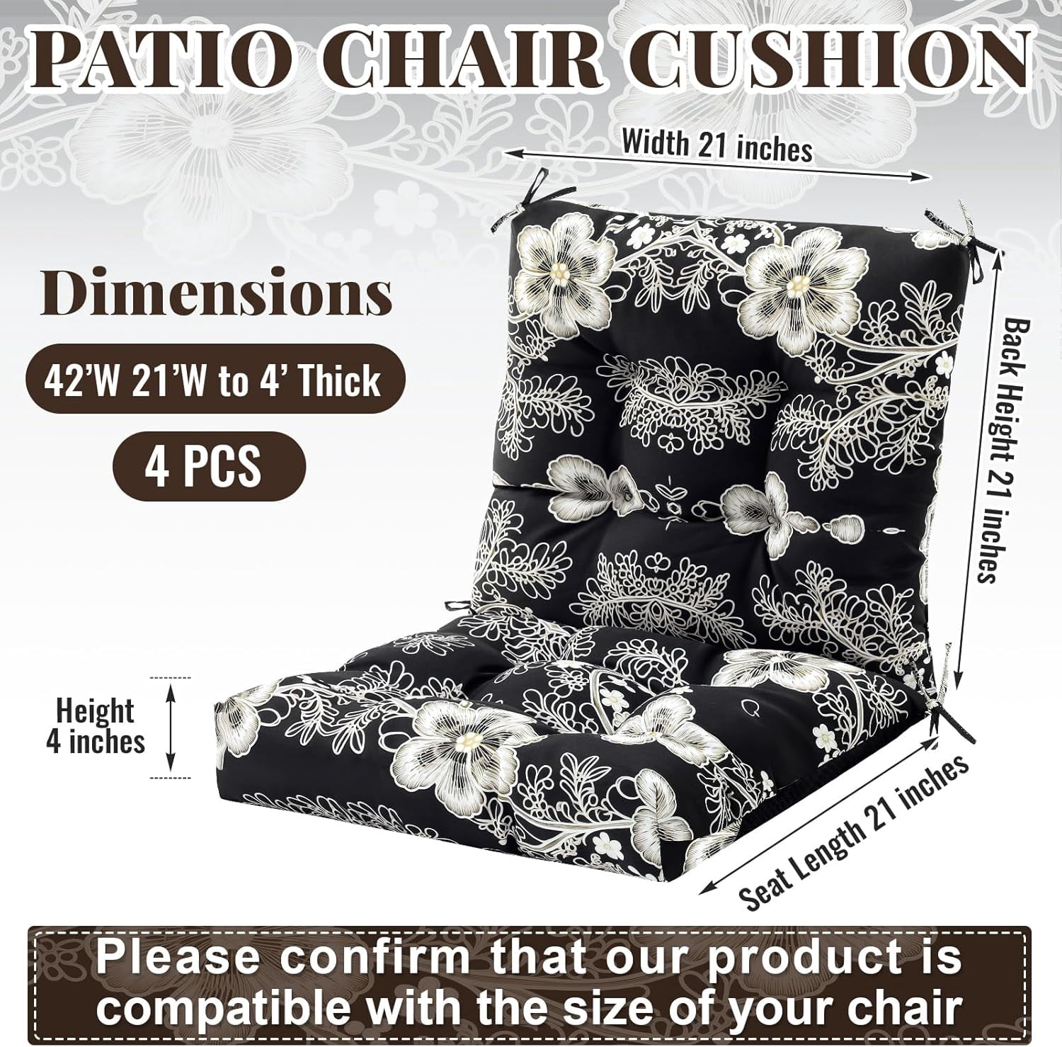 4 Pcs Outdoor Indoor High Back Chair Cushions Patio Furniture Tufted Pillow with Ties Water-Resistant Replacement Outdoor Rocking Chair Cushions, 42 x 21 Inches (Black,Flower)