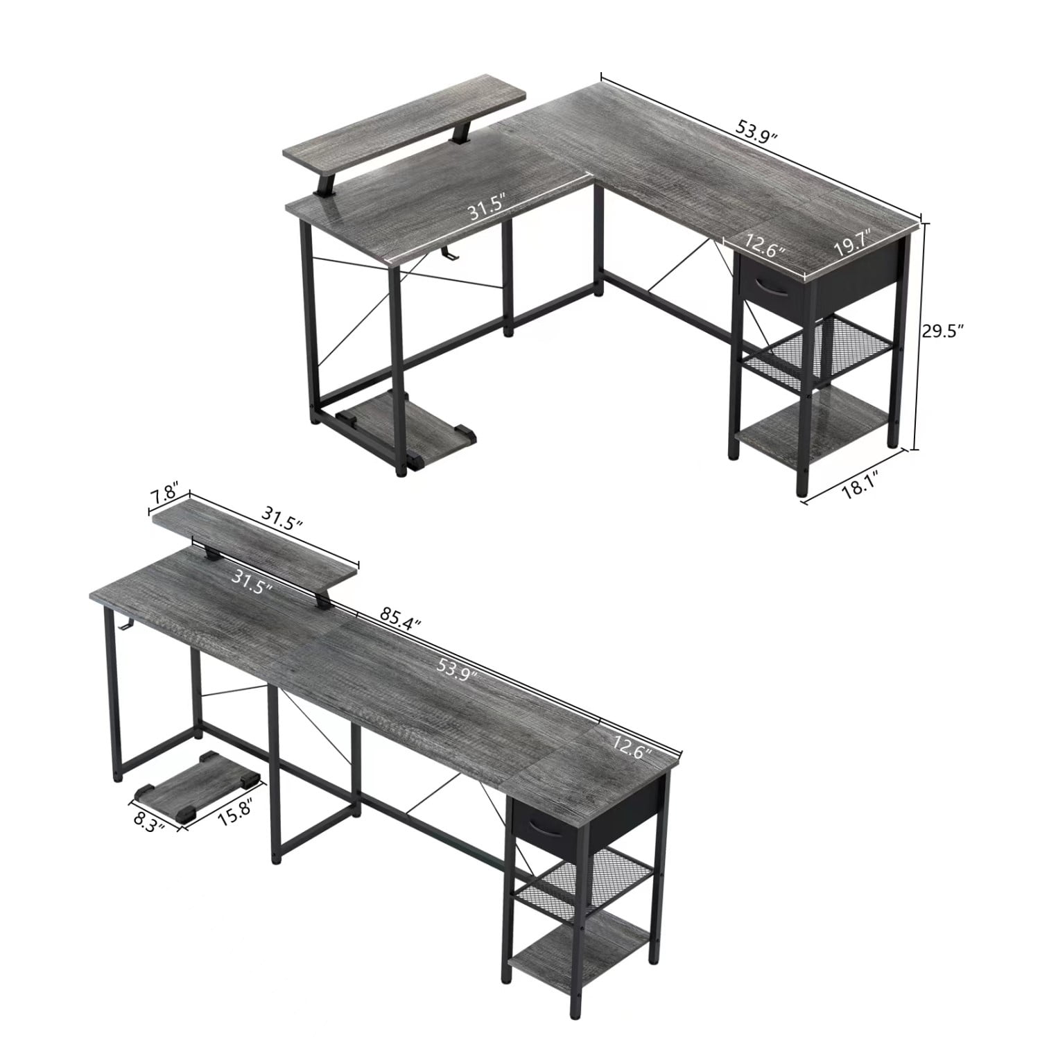 YYAo Executive Desk, Writing Desk, Secretary Desk, L-shaped multi-functional desk - Gray