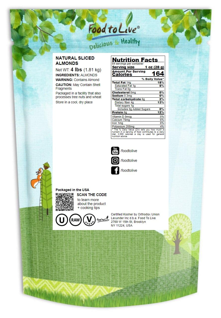 Natural Sliced Almonds, 4 Pounds — Kosher, Raw, Vegan — by Food to Live