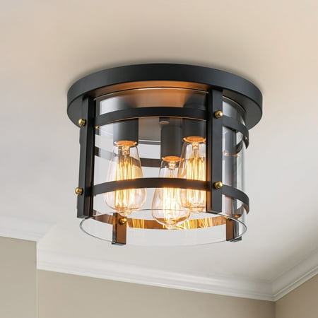  broken glass C Cattleya 3-Light Black Flush Mount Light with Gold Accent and Clear Glass Shade