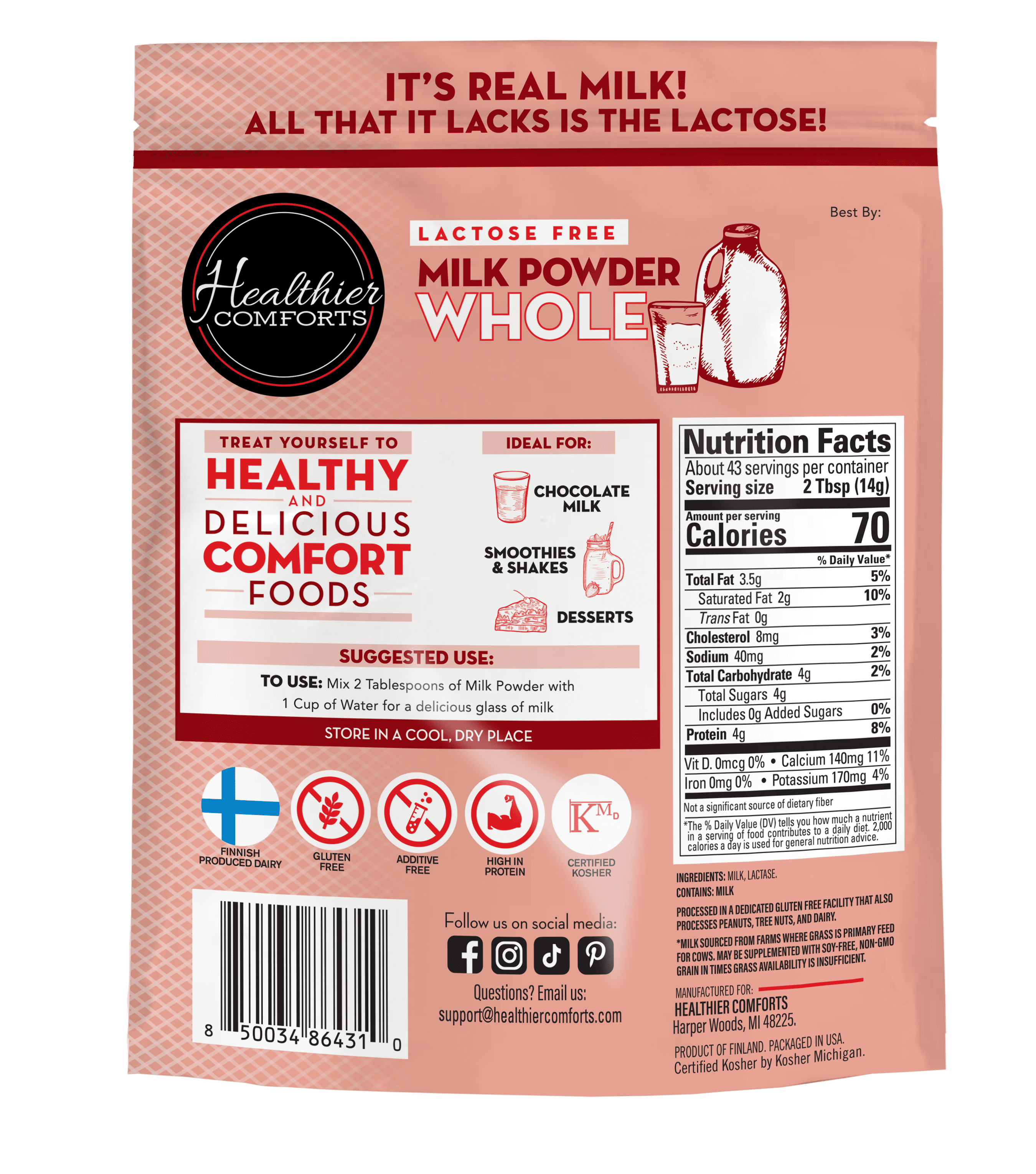 Healthier Comforts Lactose Free Whole Milk Powder 21oz | Non-GMO, rBST Hormone Free, Kosher, Gluten Free, No Fillers | Baking, Coffee Creamer, Shakes, Pantry Staple, Camping