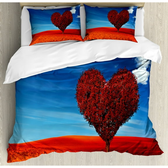 Fall Leaves Duvet Cover Set King Size, Romantic Theme with a Heart Shaped Tree, Decorative 3 Piece Bedding Set with 2 Pillow Shams, Azure Blue Vermilion, by Ambesonne