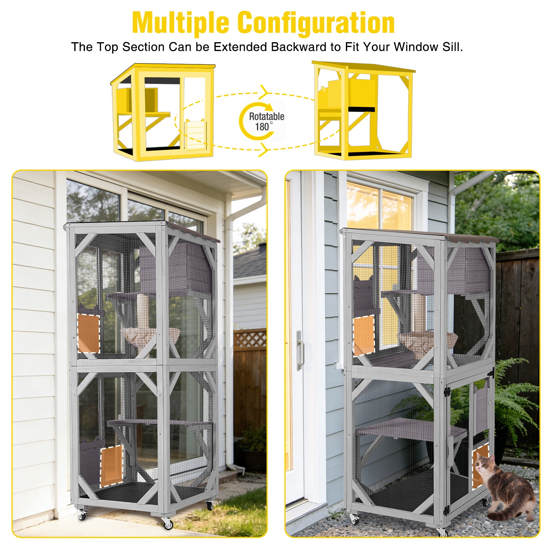 Aivituvin Outdoor Cat Catio Enclosure with Wheels, Movable Outdoor Cat House Cat Cage with Upgraded Resting Box, Waterproof Cover