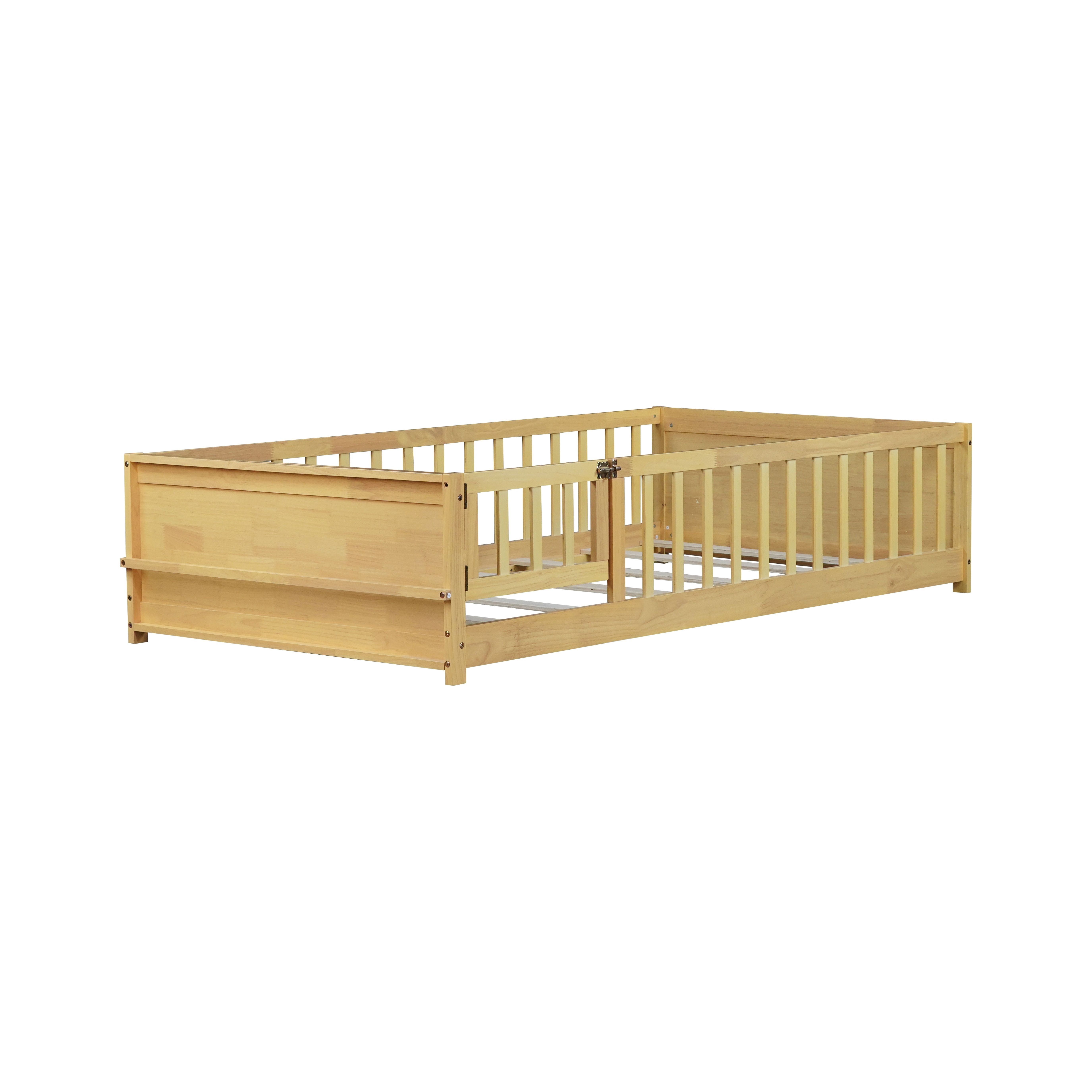 Alvantor Montessori Floor Bed Twin Size with Door for Kids, Toddler Wooden Platform Bed Natural