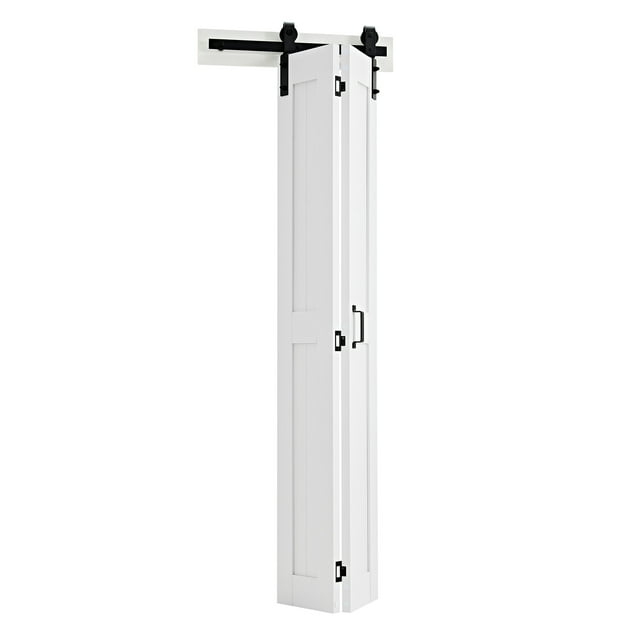 KFFKFF Bifold Barn Door, 24" x 84", MDF Bi-Fold Sliding Closet Doors, Header Board and Hardware Kit Included, H-Frame Space-Saving Design, Panels Need to Assemble, White