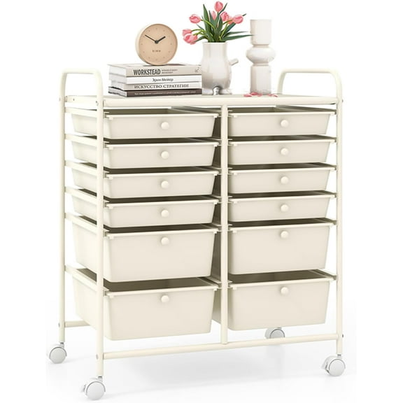 12 Drawer Rolling Storage Cart, Craft Cart Organizer on Wheels w/Metal Frame, Large Capacity & Smooth Drawer, Rolling Cart w/Drawers for Classroom, Office