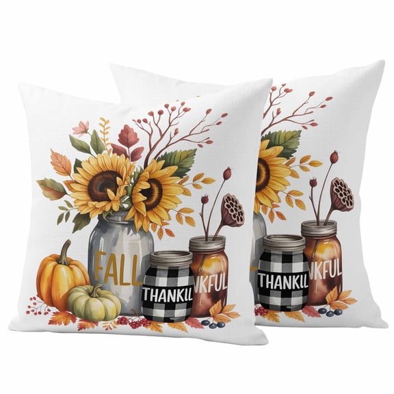 Fall Sunflower Outdoor Waterproof Pillow Covers, Thanksgiving Pumpkin Botanical Leaf Farmhouse Decorative Square Throw Pillowcase Sofa Cushion Sham for Patio/Couch/Chair, 16"x16" 2 Pack