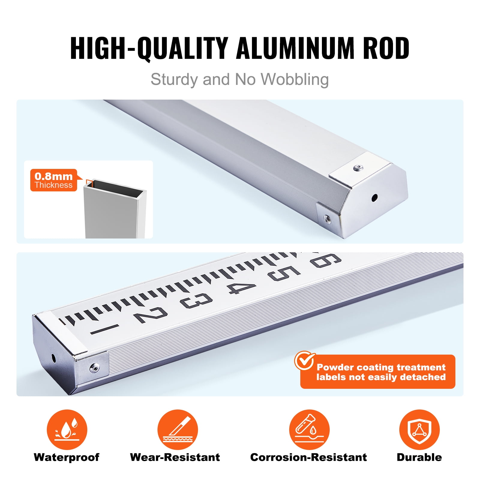 KFFKFF 18-Foot Aluminum Telescopic Measuring Rod, 6-Section Double-Sided Scale Leveling Stick, 1/10ft Graduations,Durable Aluminum Alloy Survey Rod with Bubble Level and Carrying Bag for Construction