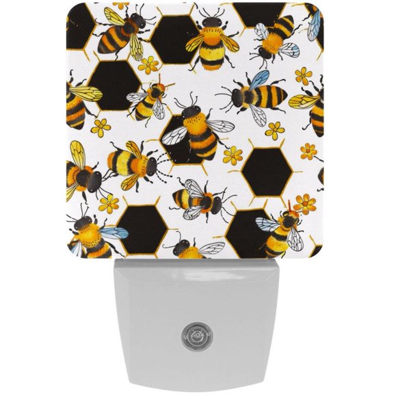 PhooArto Cute Bee Pattern Plug in LED Night Light Auto Sensor Dusk to Dawn Decorative Night for Bedroom, Bathroom, Kitchen, Hallway, Stairs, Baby's Room, Energy Saving