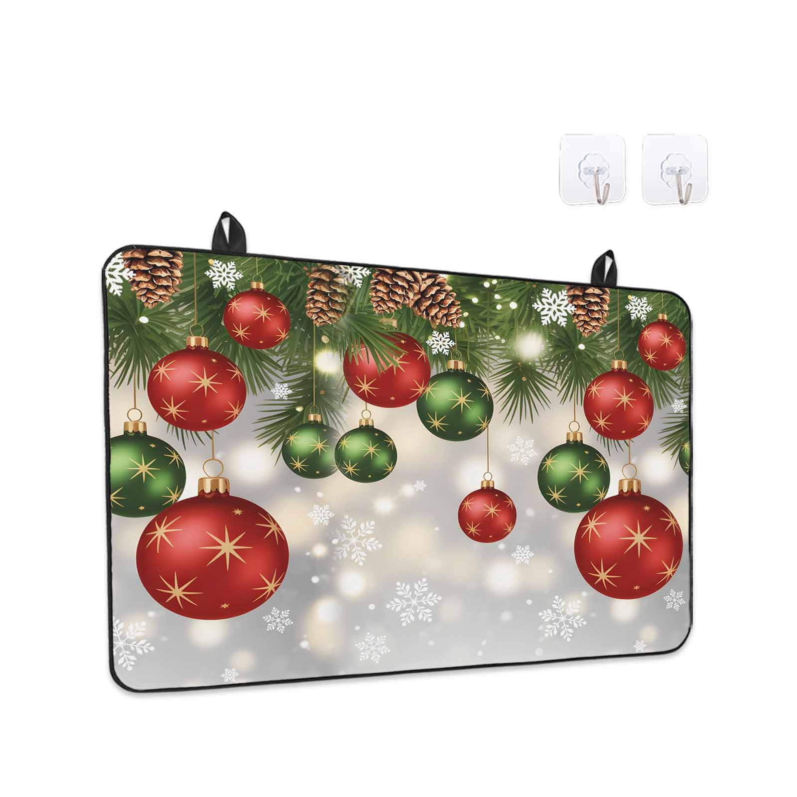 Red Green Balls Christmas Stove Top Cover for Electric Stove, Heat-proof & Non Slip Glass Top Stove Cover Protector, Xmas Pine Needle Snowflake Kitchen Flat Cooktop Rubber Mat 24x21 Inches