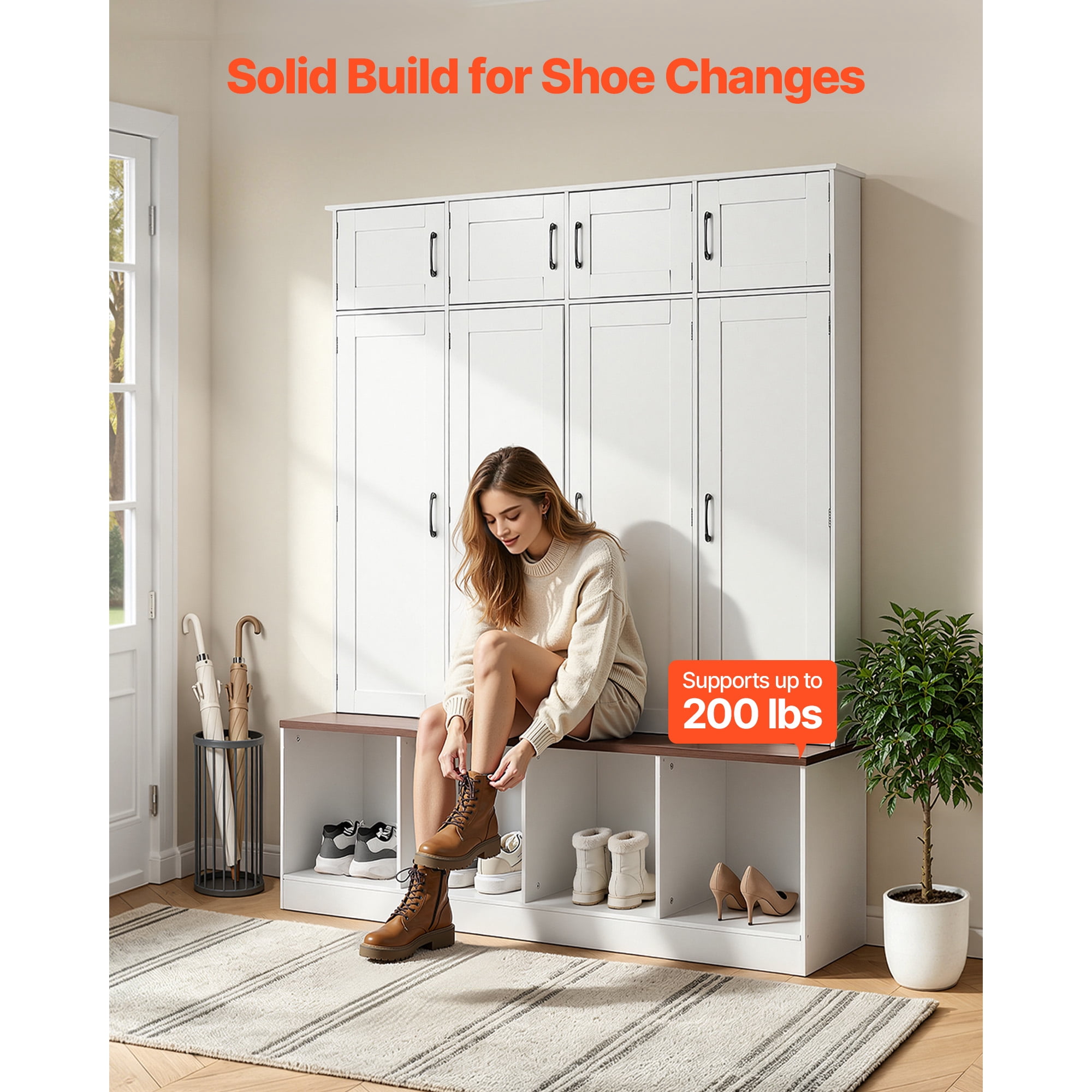 KFFKFF Entryway Hall Tree with Bench and Storage, 59" Wide, 4-in-1 Design Featuring Bench, Hooks, Storage Cabinet, and Shoe Organizer, Wooden Furniture for Mudroom, Hallway, and Entryway, White