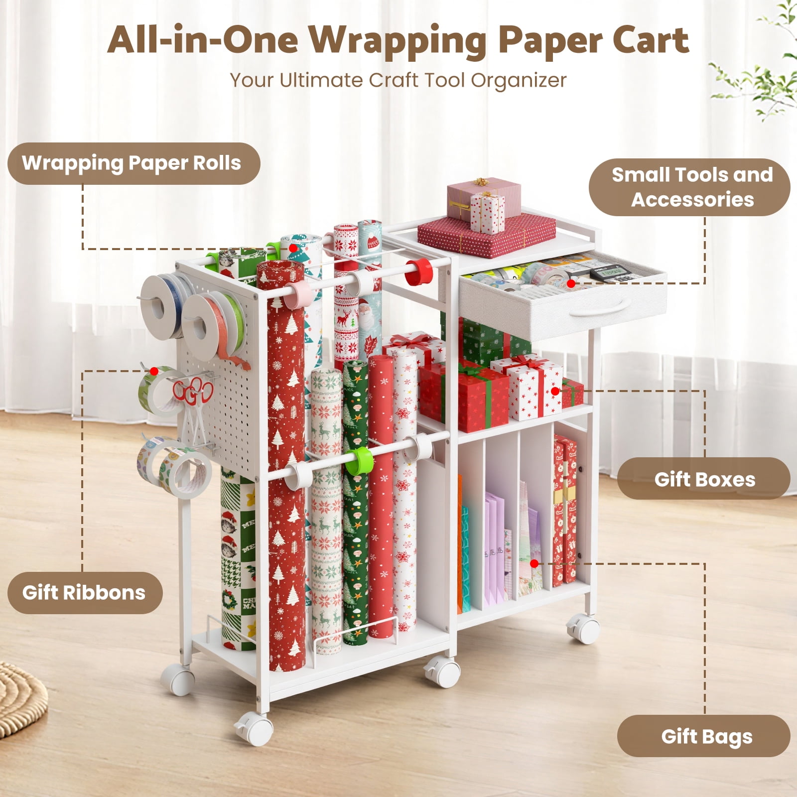 Advwin Gift Wrapping Paper Storage Cart with Drawer, Rolling Gift Wrap Station with Ribbon & Gift Bage Storage, Multi-purpose Craft Organizer Rack for Home, Office, School or Gift Shop, White