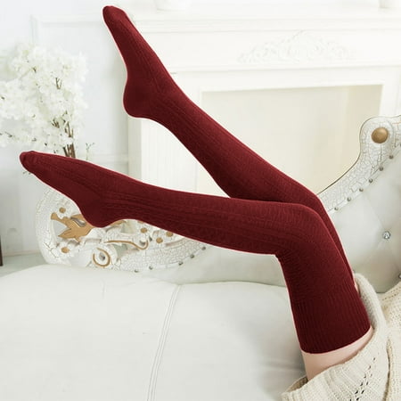 

XINKAIRUN Socks Ladies Woolen Foot Warmers Autumn/winter Solid Over The Knee Stockings with Drawstring Medium Socks Pile Socks Wine (Buy 2 Get 1 Free)