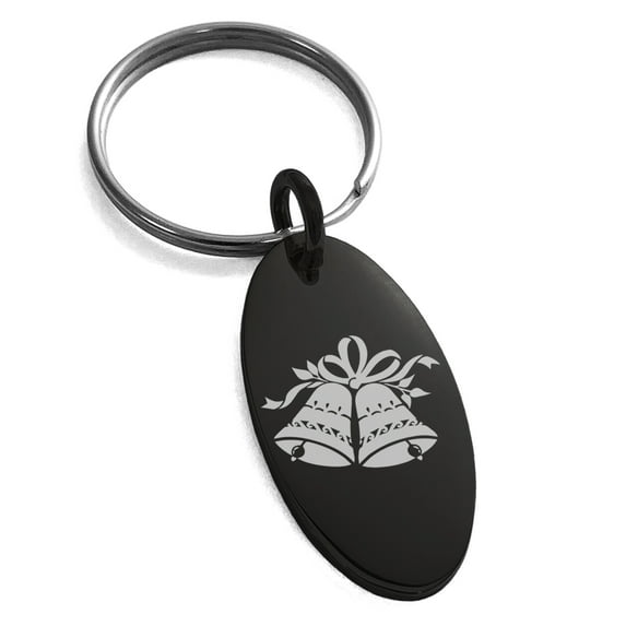 Black Stainless Steel Festive Christmas Bells and Holly Engraved Small Oval Charm Keychain Keyring
