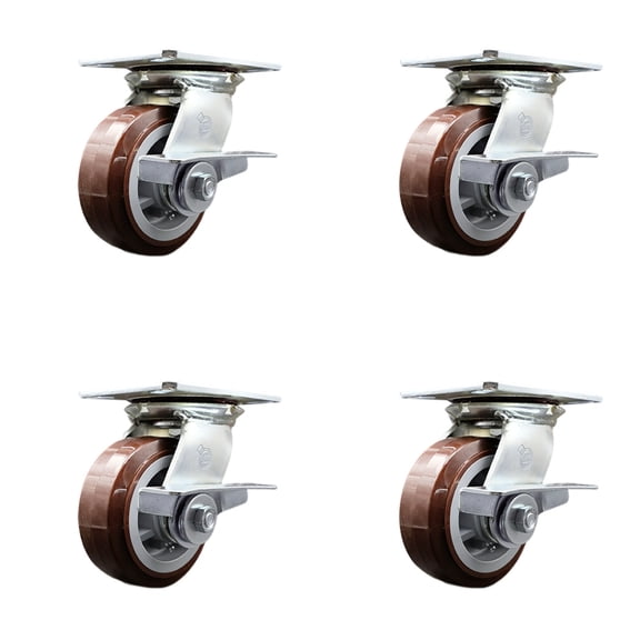 5 Inch Heavy Duty Polyurethane Caster Set with Roller Bearings and Brakes SCC