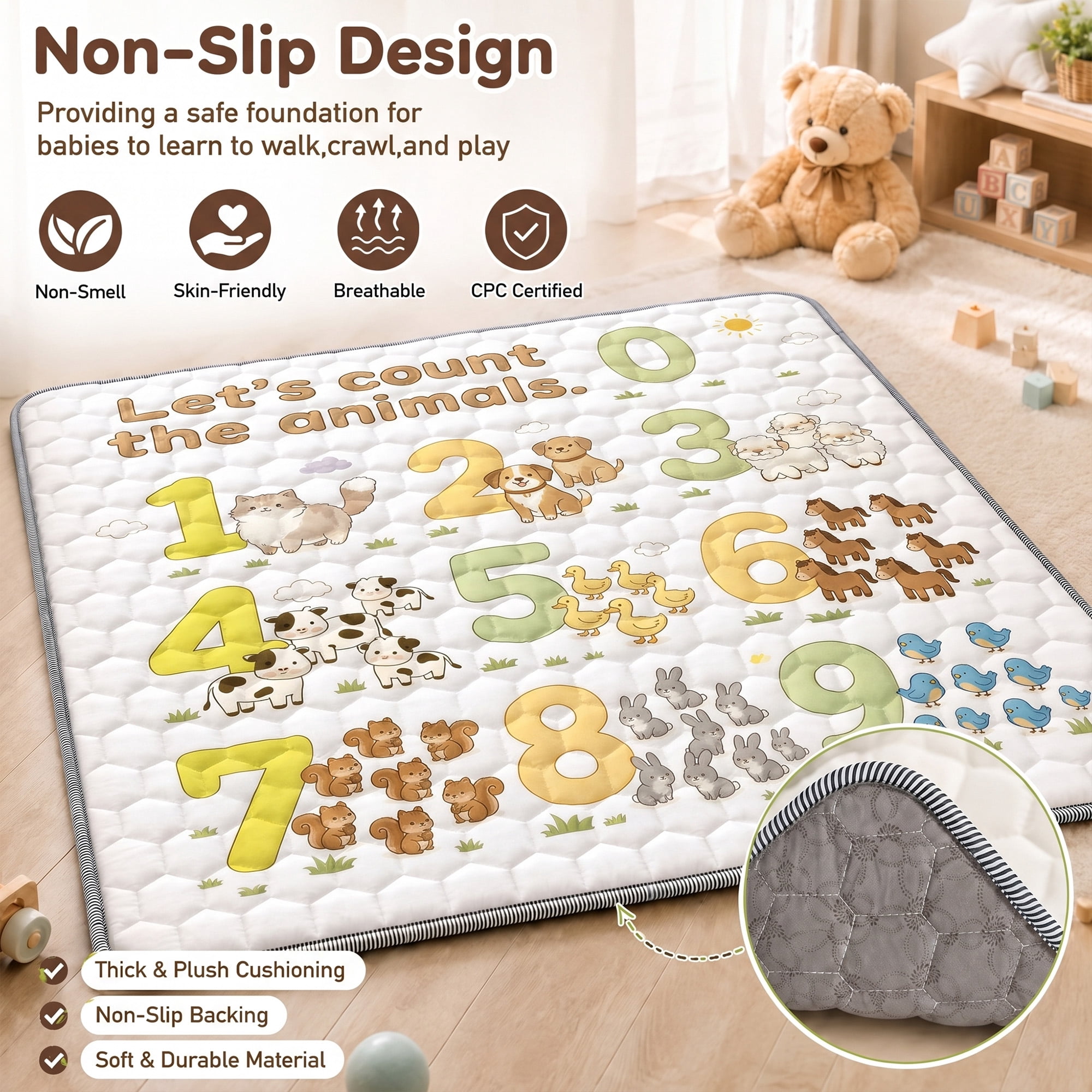 BEAUTYPEAK Baby Play Mat, 50"x50" Mat Perfect for Use Baby Playpen,Non-Slip Foldable Mat for Toddlers and Babies