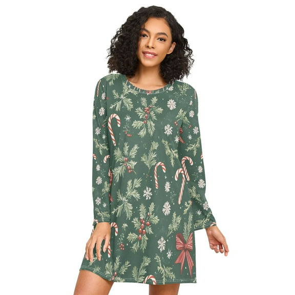 FORMRS Womens Long Sleeve Nightgowns Crew Neck Sleep Shirt Soft Pajamas Sizes S-3XL, Christmas Candy Cane