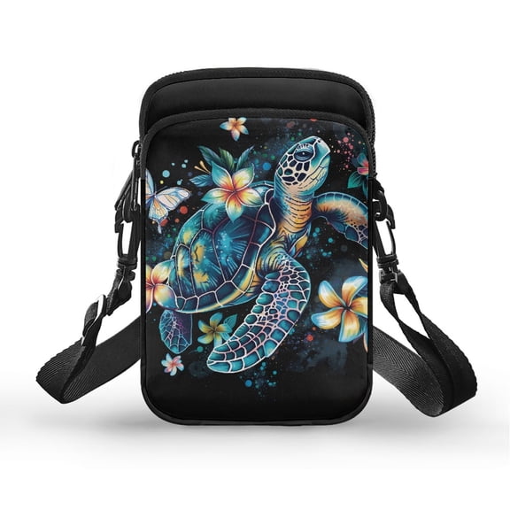 HELLHERO Turtle Flowers Crossbody Small Bags with Adjustable Strap Adults Turtle Flowers Polyester Travel 4.33x1.97x7.09 with Zipper Adjustable Strap
