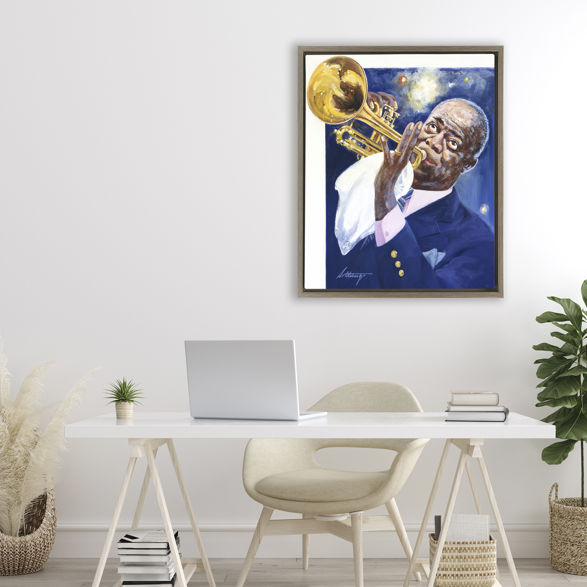 Louis Armstrong Portrait Brown Framed Floater Canvas Wall Art, design by Wind River Studios