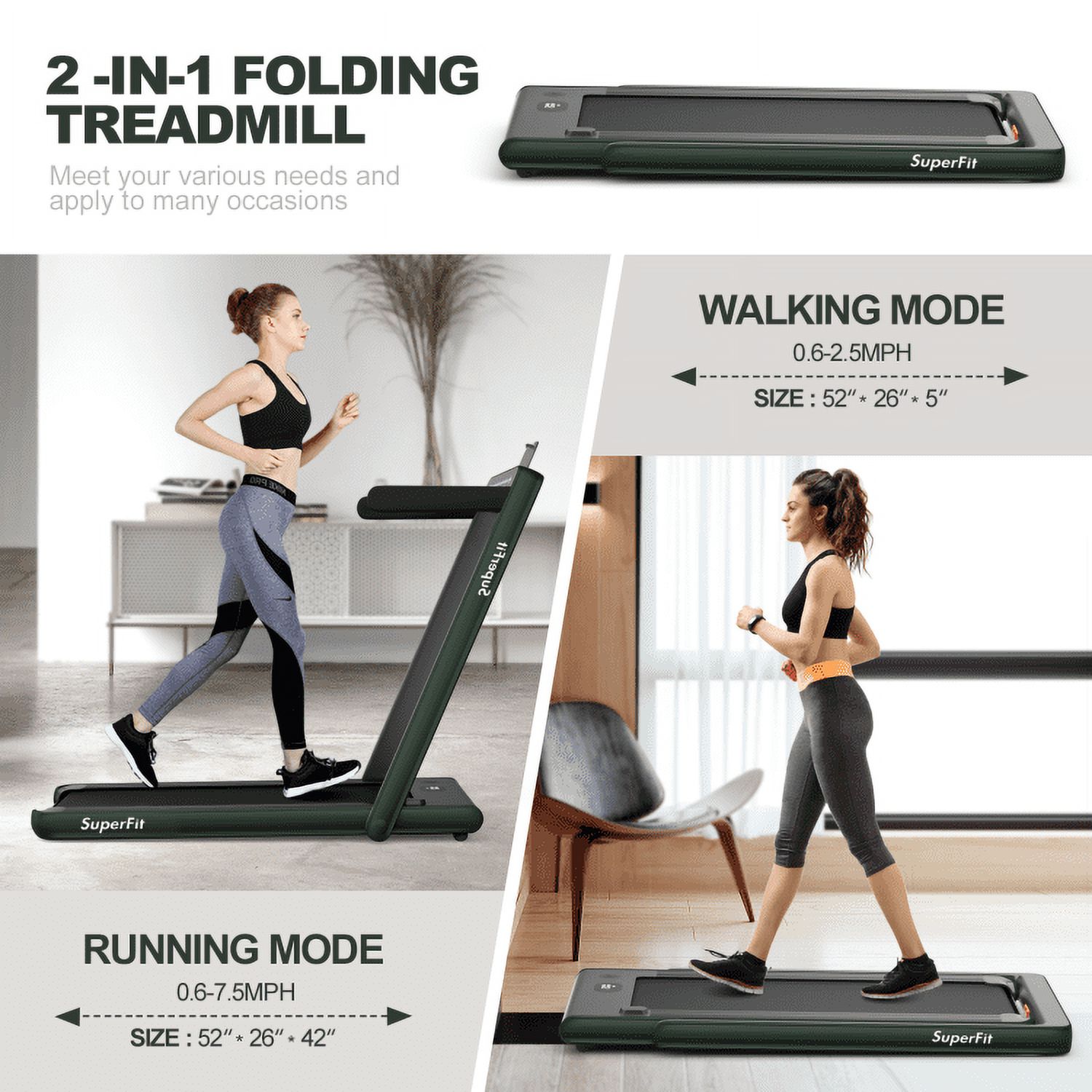 Spaco 2-in-1 Electric Motorized Health and Fitness Folding Treadmill with Dual Display and Speaker-Green, Home Fitness Equipment for Walking & Running