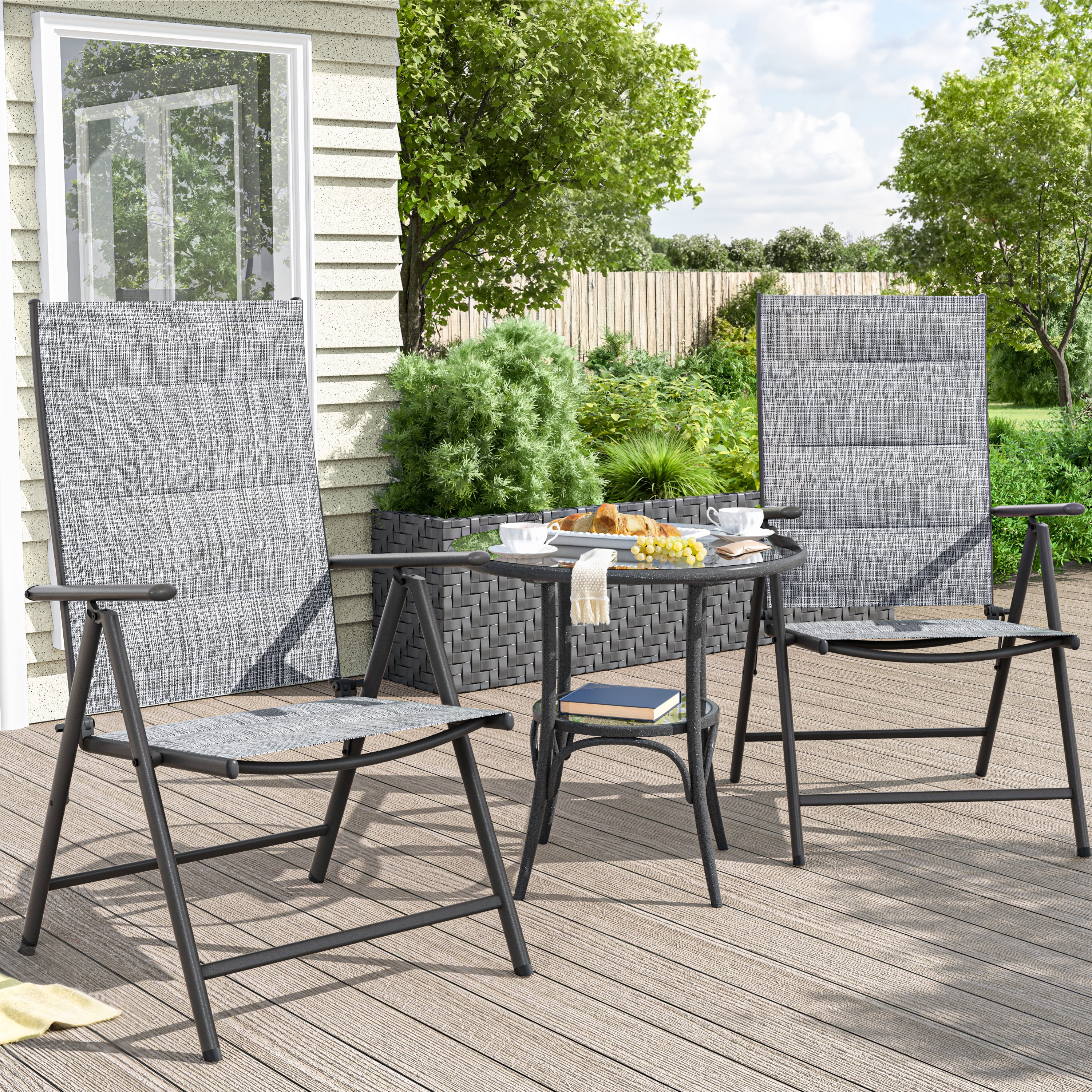 ELPOSUN Outdoor Folding Dining Chairs Set of 2, Folding Lawn Chairs for Adults with Padded Breathable Textilene, Portable Folding Chairs for Outside, No Assembly, Grey White